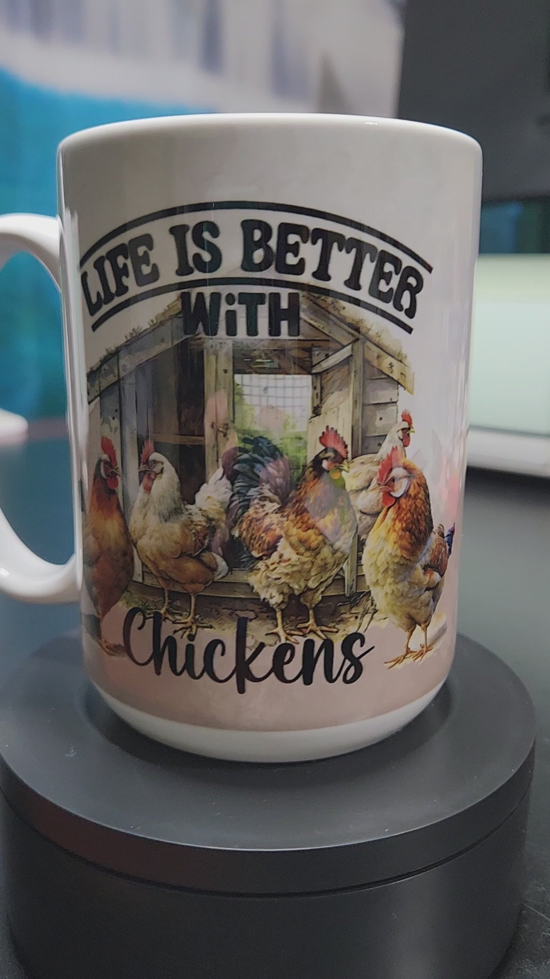 life is better with chickens 15oz large sublimated mug with chickens and a chicken coop