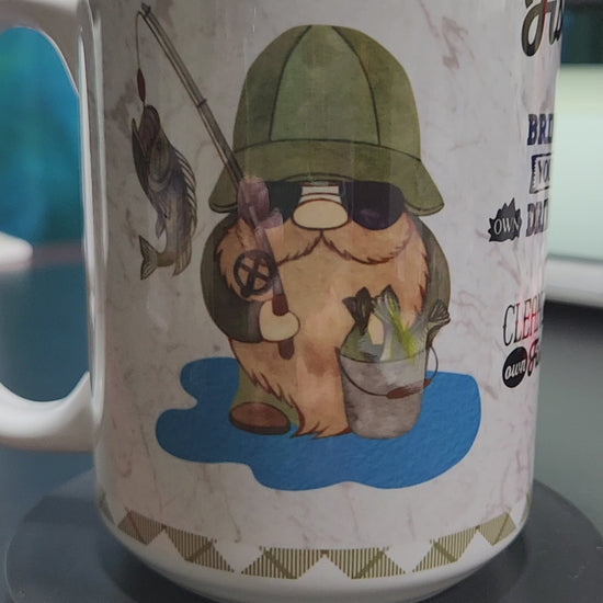 Fishing rules gnome 15oz sublimated mug - dishwasher and microwave safe