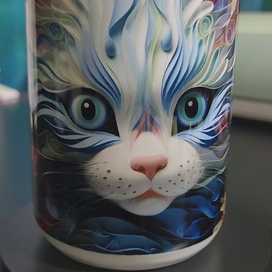 3d cat blue abstract sublimated 15oz mug - dishwasher and microwave safe.