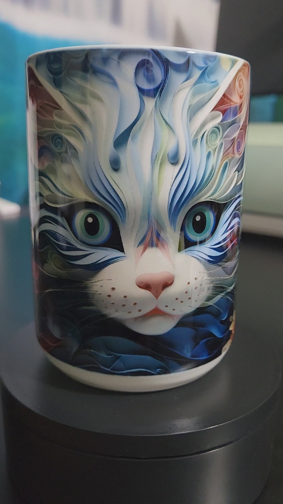 3d cat blue abstract sublimated 15oz mug - dishwasher and microwave safe.