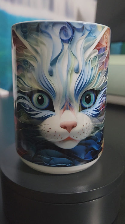 3d cat blue abstract sublimated 15oz mug - dishwasher and microwave safe.
