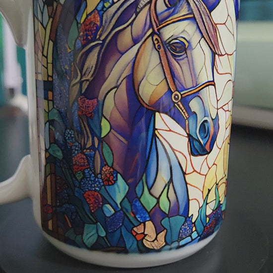 White horse on a stained glass window sublimated 15oz mug