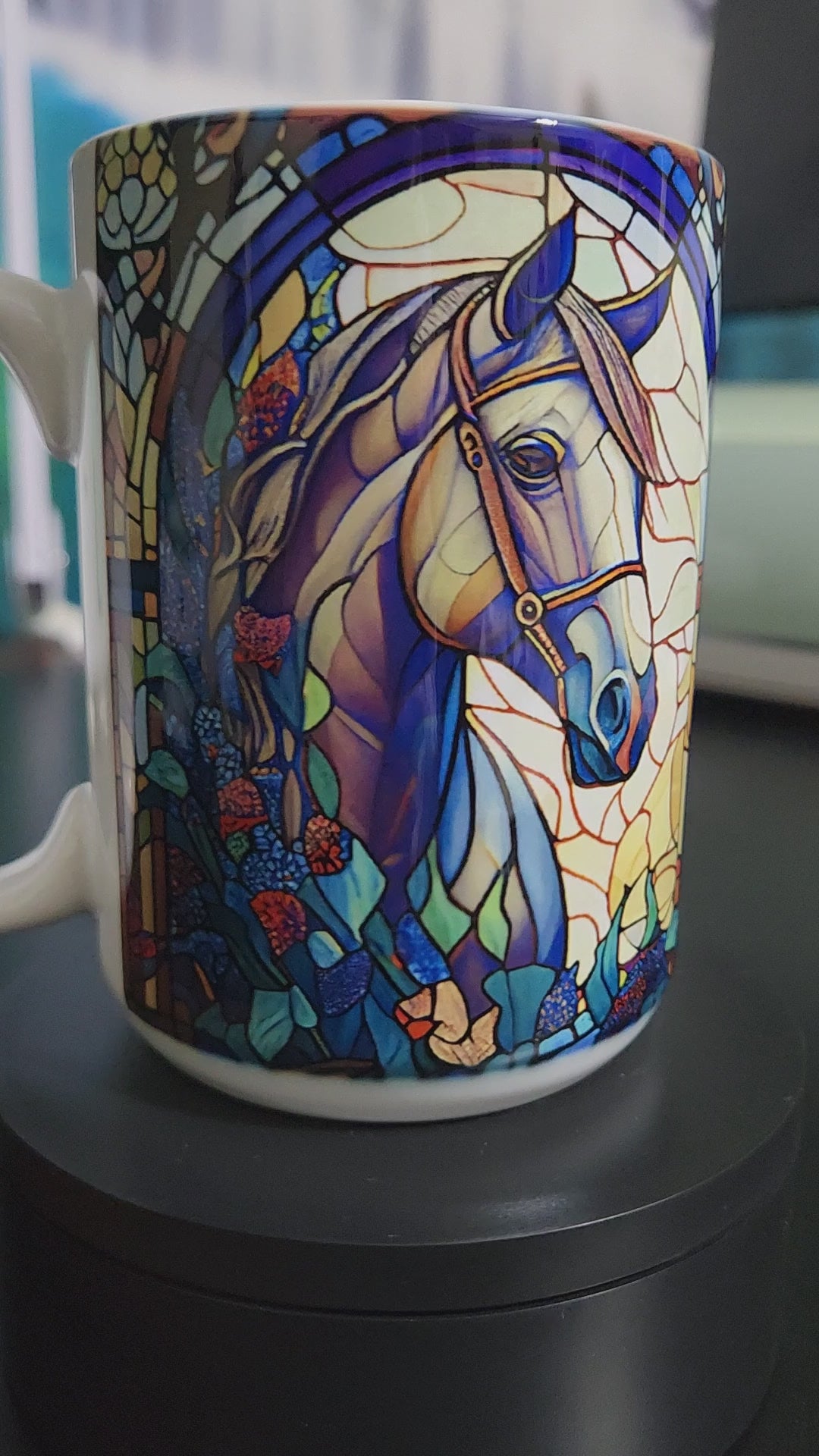 White horse on a stained glass window sublimated 15oz mug