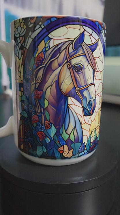 White horse on a stained glass window sublimated 15oz mug