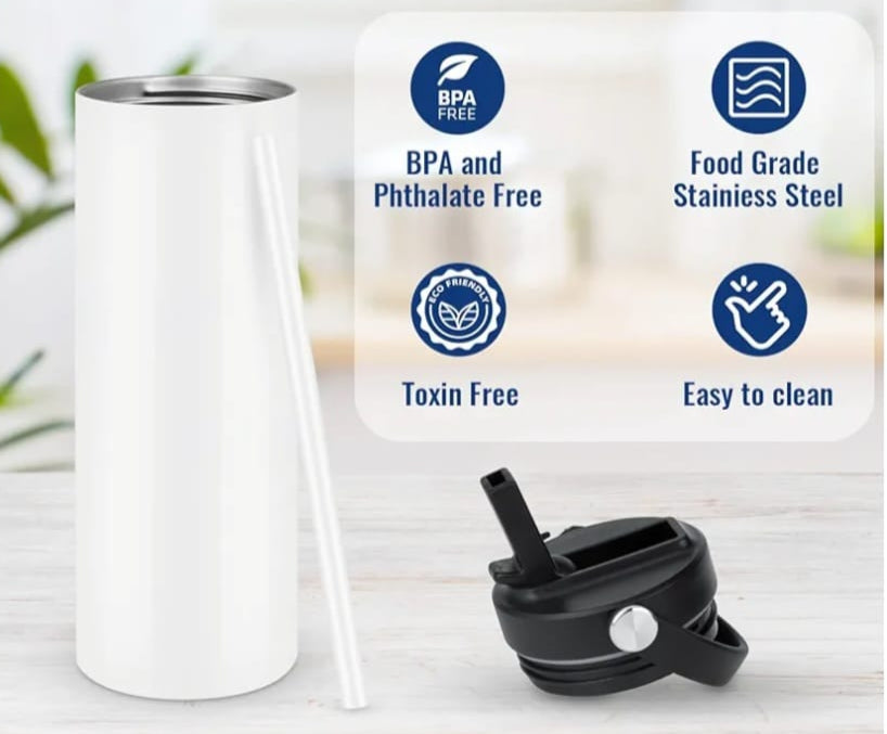 unsublimated tumbler with the text bpaand phtalate free, toxin free, easy to clean, and food grade stainless steel