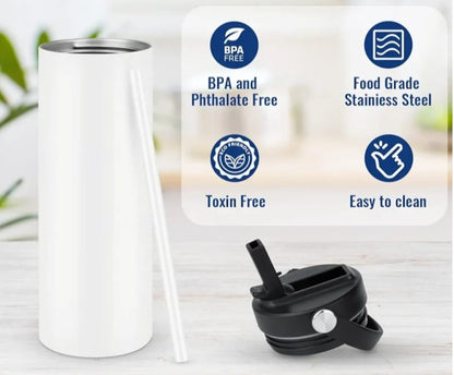 unsublimated tumbler with the text bpaand phtalate free, toxin free, easy to clean, and food grade stainless steel